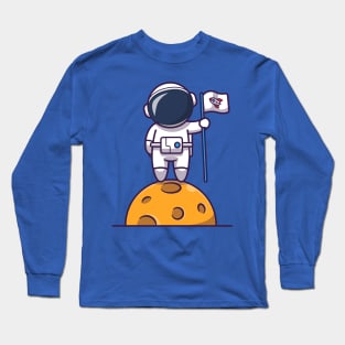 Cute Astronaut Standing On Moon And Holding Flag Cartoon Long Sleeve T-Shirt